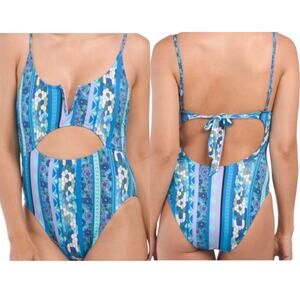 Lucky Brand Women's Blue Floral Graphics V-neck Cutout One Piece Swimsuit Size L